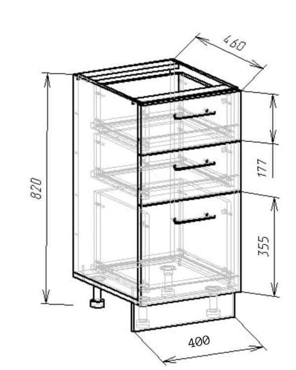 Шафа нижня <br/>820х400х460мм з 3 ящиками Фасади 190 / 190 / 265 мм <br/>Сірий