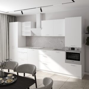 Дизайнерская готовая кухня Юкон с глянцевыми рельефными фасадами и доводчиками 3,6 м
