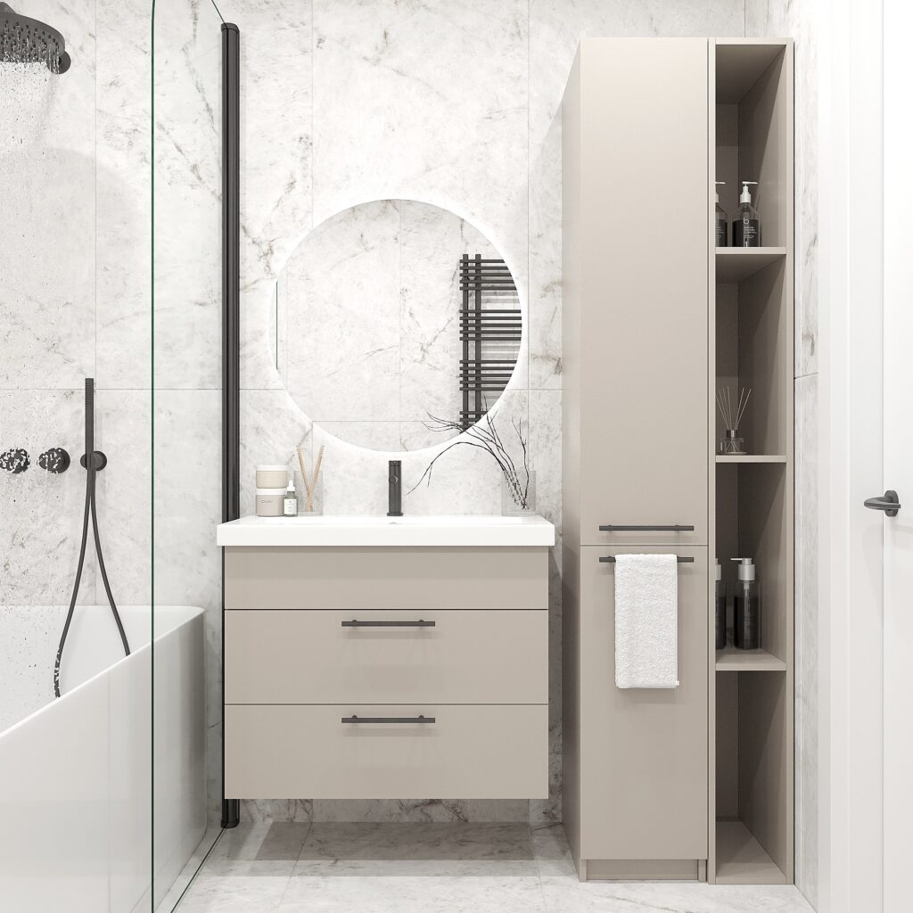 Комплект у ванну кімнату з 3-х позицій: Тумба під умивальник/Стелаж з полицями/Шафа