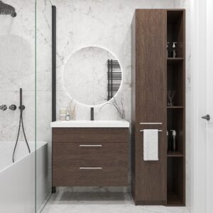 Комплект в ванную комнату из 3-х позиций: Тумба под умывальник/Стеллаж с полками/Шкаф